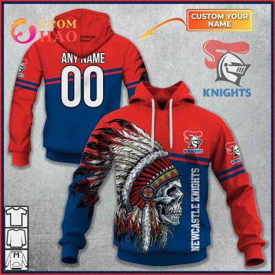 NRL Newcastle Knights Custom Name Number Native Skull Pullover Hoodie