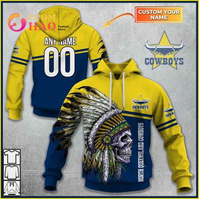 NRL North Queensland Cowboys Custom Name Number Native Skull Pullover Hoodie