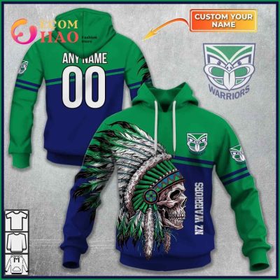 NRL New Zealand Warriors Custom Name Number Native Skull Pullover Hoodie
