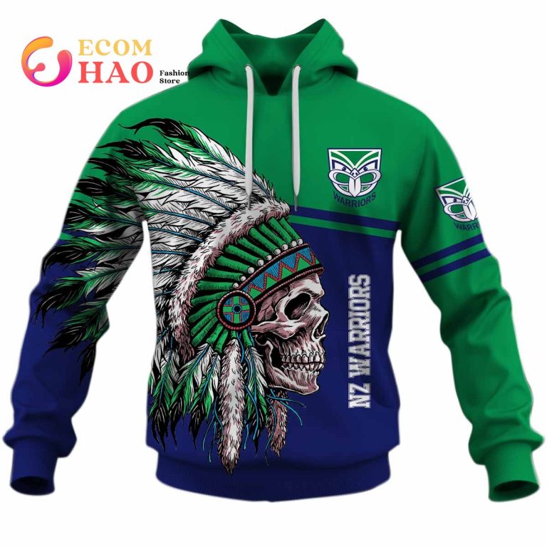 NRL New Zealand Warriors Custom Name Number Native Skull Pullover Hoodie NRL New Zealand Warriors Custom Name Number Native Skull Pullover Hoodie