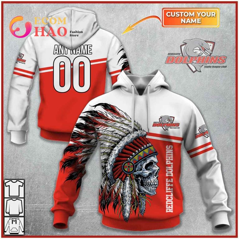 NRL Dolphins Custom Name Number Native Skull Pullover Hoodie NRL Dolphins Custom Name Number Native Skull Pullover Hoodie