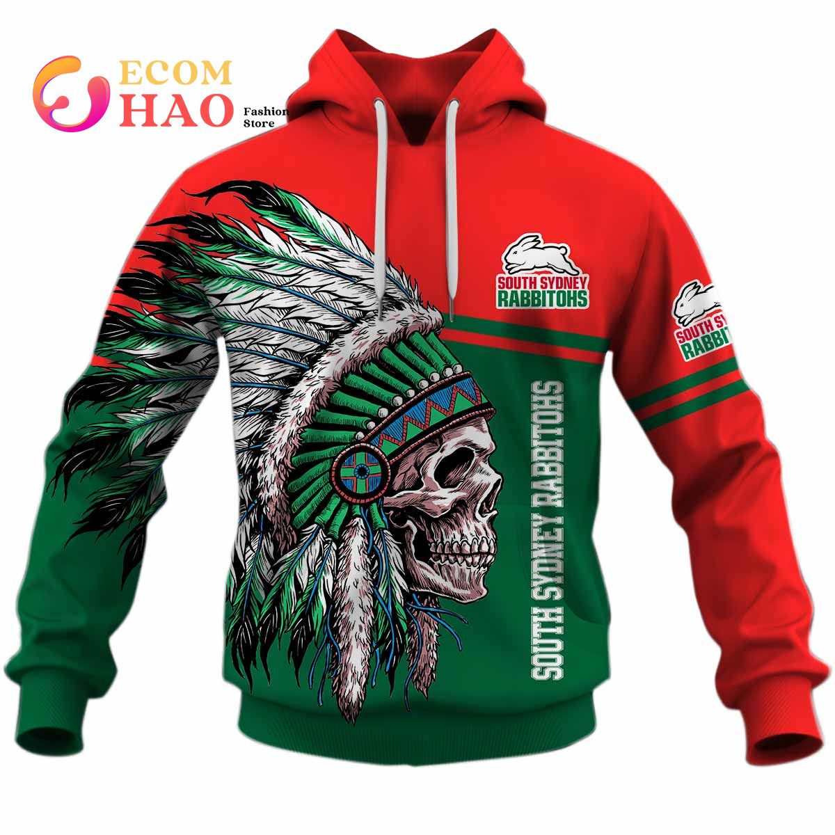 NRL South Sydney Rabbitohs Custom Name Number Native Skull Pullover Hoodie NRL South Sydney Rabbitohs Custom Name Number Native Skull Pullover Hoodie