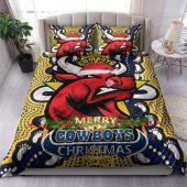 North Queensland Cowboys Christmas Custom Bedding Set - Merry Christmas North Queensland Cowboys With Dot Art Painting Footprints Bedding Set