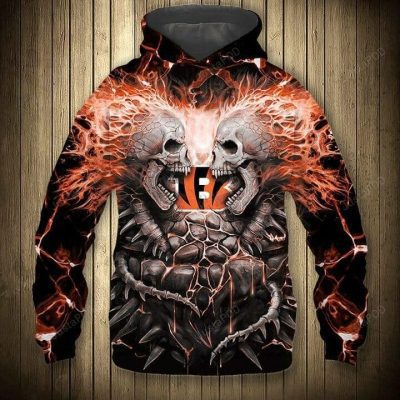 NFL Cincinnati Bengals Skull Orange Black Pullover Hoodie V5
