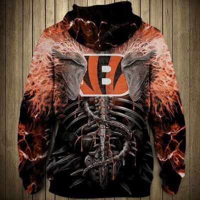 NFL Cincinnati Bengals Skull Orange Black Pullover Hoodie V5