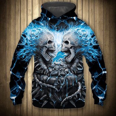 NFL Detroit Lions Skull Black Blue Pullover Hoodie
