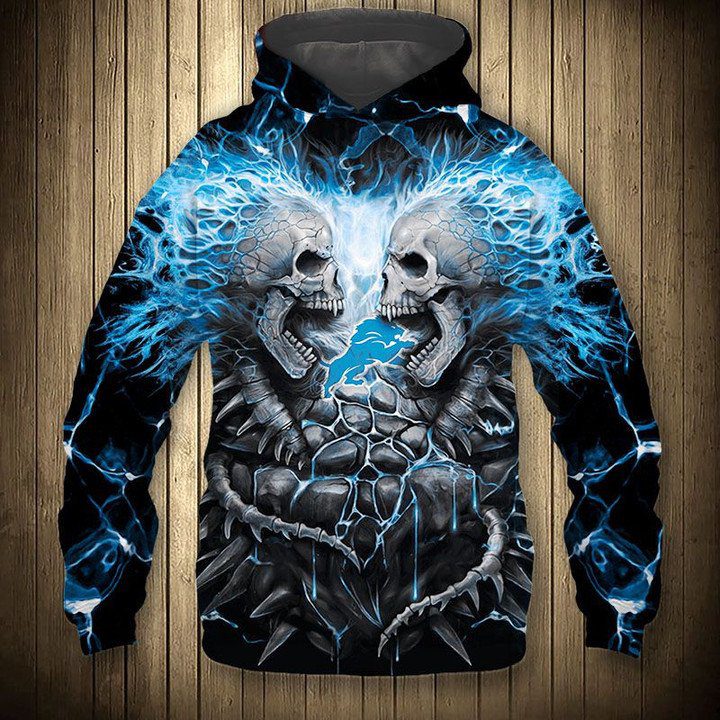 NFL Detroit Lions Skull Black Blue Pullover Hoodie NFL Detroit Lions Skull Black Blue Pullover Hoodie