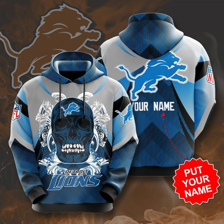NFL Detroit Lions Custom Name Blue Skull Pullover Hoodie V2 NFL Detroit Lions Custom Name Blue Skull Pullover Hoodie V2