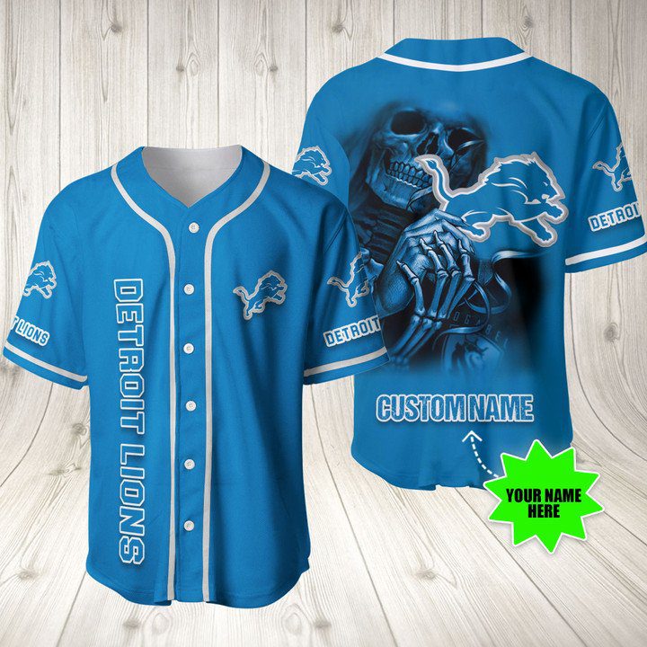 NFL Detroit Lions Custom Name Skull Blue Baseball Jersey NFL Detroit Lions Custom Name Skull Blue Baseball Jersey