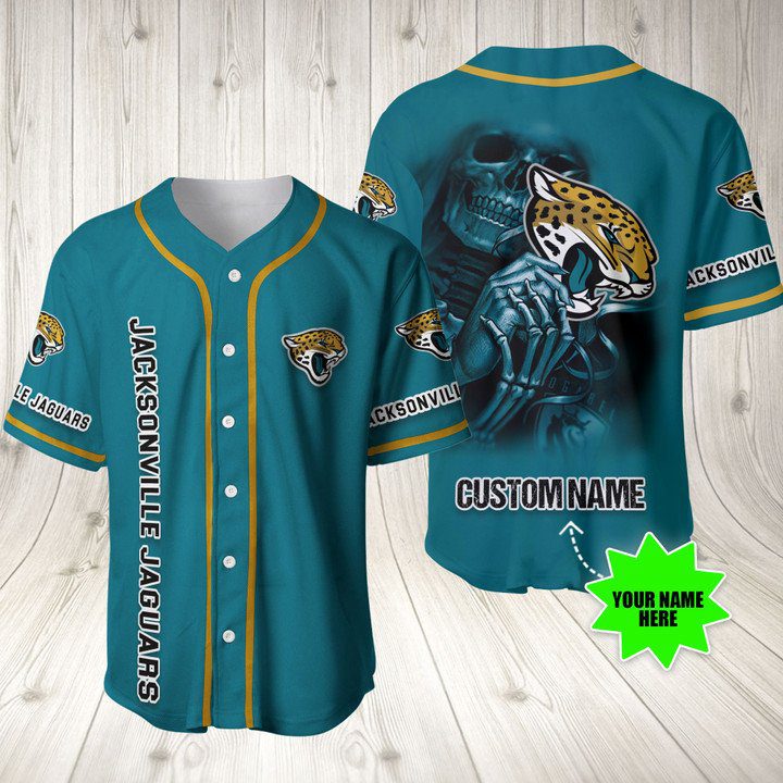 NFL Jacksonville Jaguars Custom Name Skull Teal Baseball Jersey NFL Jacksonville Jaguars Custom Name Skull Teal Baseball Jersey