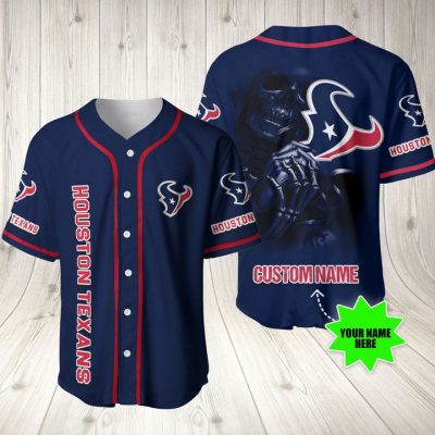 NFL Houston Texans Custom Name Skull Blue Baseball Jersey