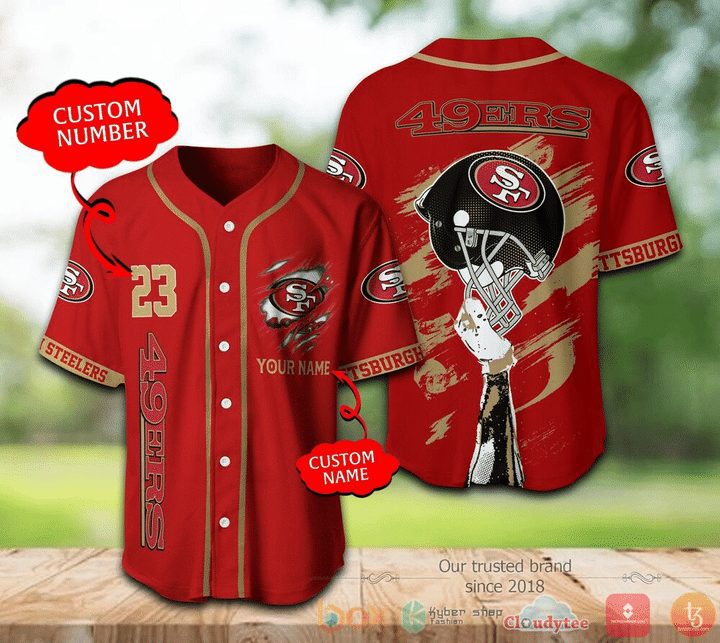 NFL San Francisco 49ers Custom Name Helmet Red Baseball Jersey NFL San Francisco 49ers Custom Name Helmet Red Baseball Jersey