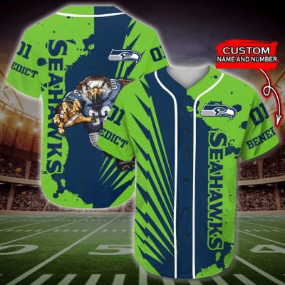 NFL Seattle Seahawks Custom Name Number Green Mascot Baseball Jersey