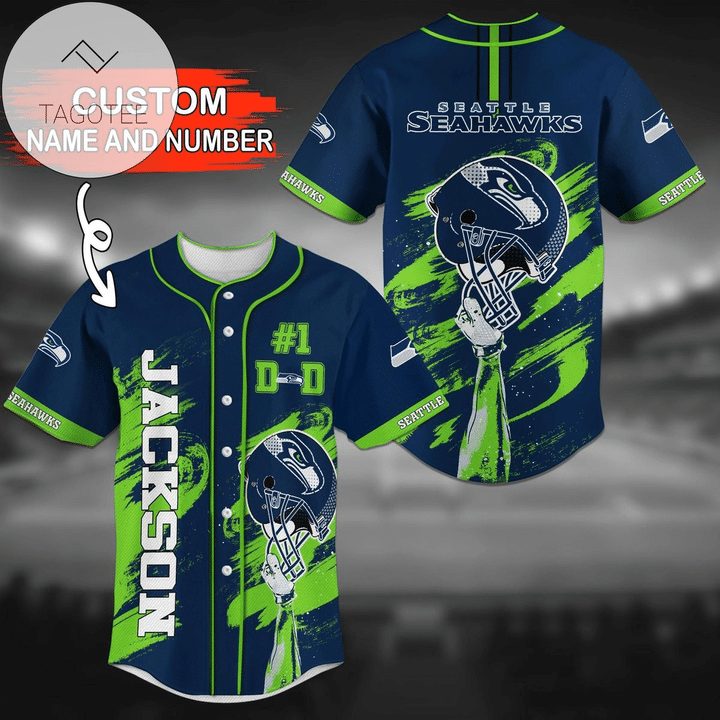 NFL Seattle Seahawks Custom Name Number Navy Helmet Baseball Jersey V2 NFL Seattle Seahawks Custom Name Number Navy Helmet Baseball Jersey V2