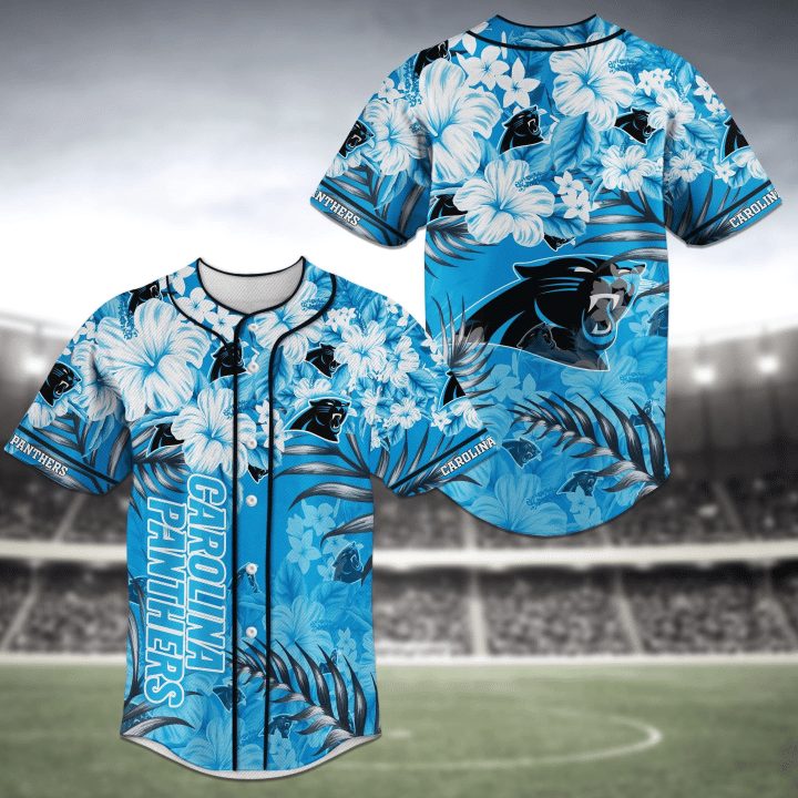 NFL Carolina Panthers Blue Tropical Flower Baseball Jersey NFL Carolina Panthers Blue Tropical Flower Baseball Jersey
