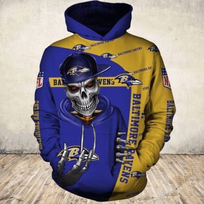 NFL Baltimore Ravens Blue Gold Skull Pullover Hoodie