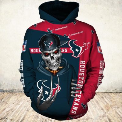 NFL Houston Texans Blue Red Skull Pullover Hoodie