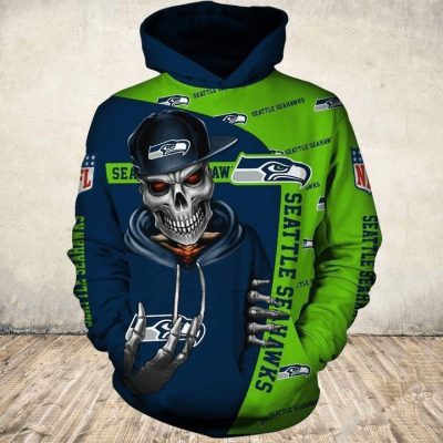 NFL Seattle Seahawks Navy Green Skull Pullover Hoodie
