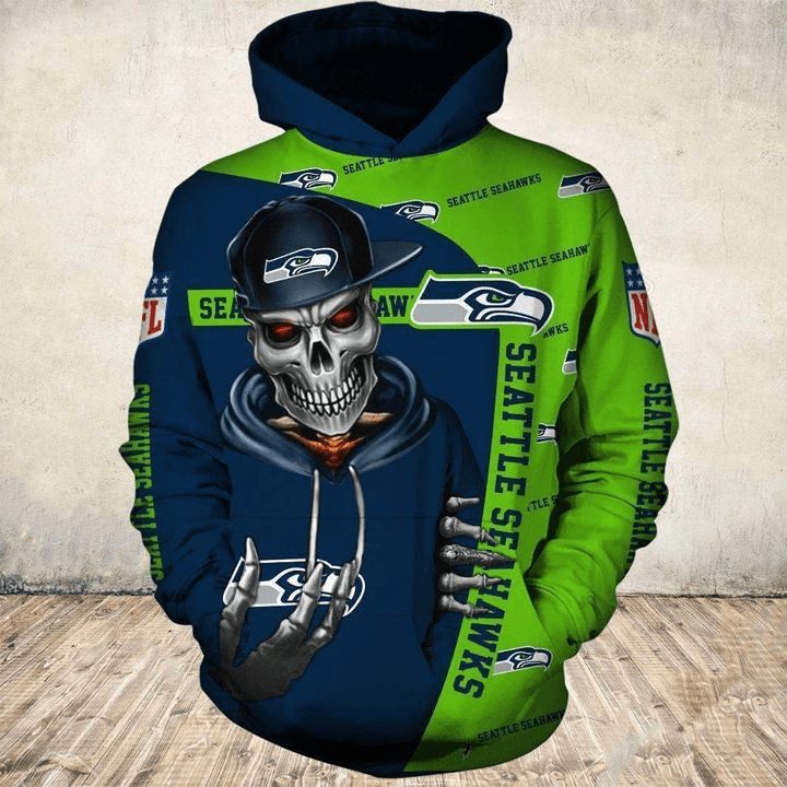 NFL Seattle Seahawks Navy Green Skull Pullover Hoodie NFL Seattle Seahawks Navy Green Skull Pullover Hoodie