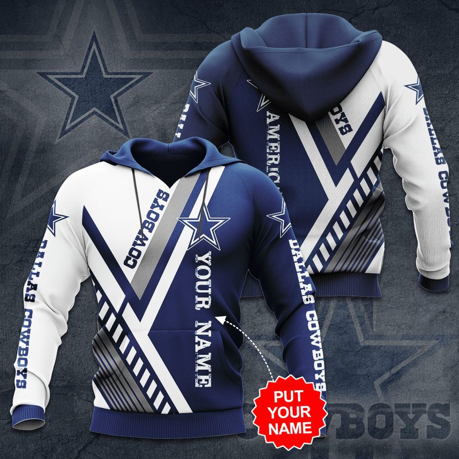 NFL Dallas Cowboys Custom Name White Blue Design Pullover Hoodie NFL Dallas Cowboys Custom Name White Blue Design Pullover Hoodie