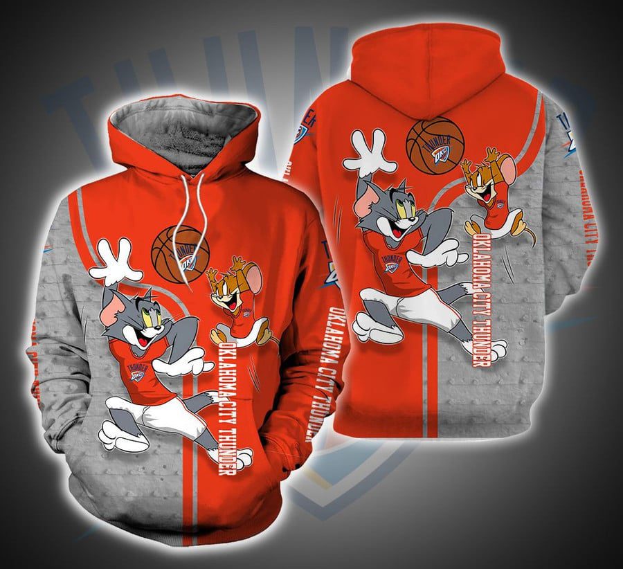 NBA Oklahoma City Thunder Orange Grey Tom And Jerry Pullover Hoodie NBA Oklahoma City Thunder Orange Grey Tom And Jerry Pullover Hoodie