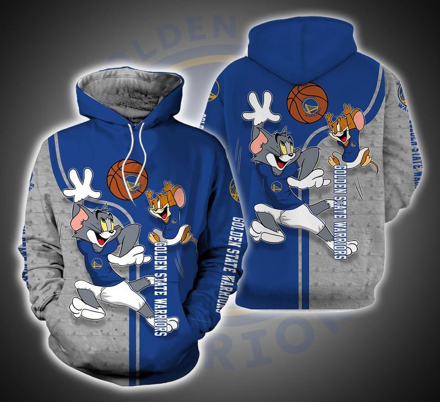 NBA Golden State Warriors Blue Gray Tom And Jerry Pullover Hoodie NBA Golden State Warriors Blue Gray Tom And Jerry Pullover Hoodie