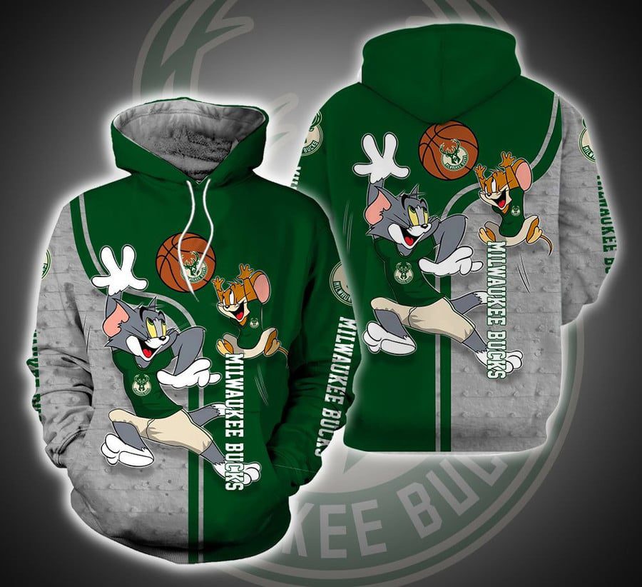 NBA Milwaukee Bucks Green Gray Tom And Jerry Pullover Hoodie NBA Milwaukee Bucks Green Gray Tom And Jerry Pullover Hoodie