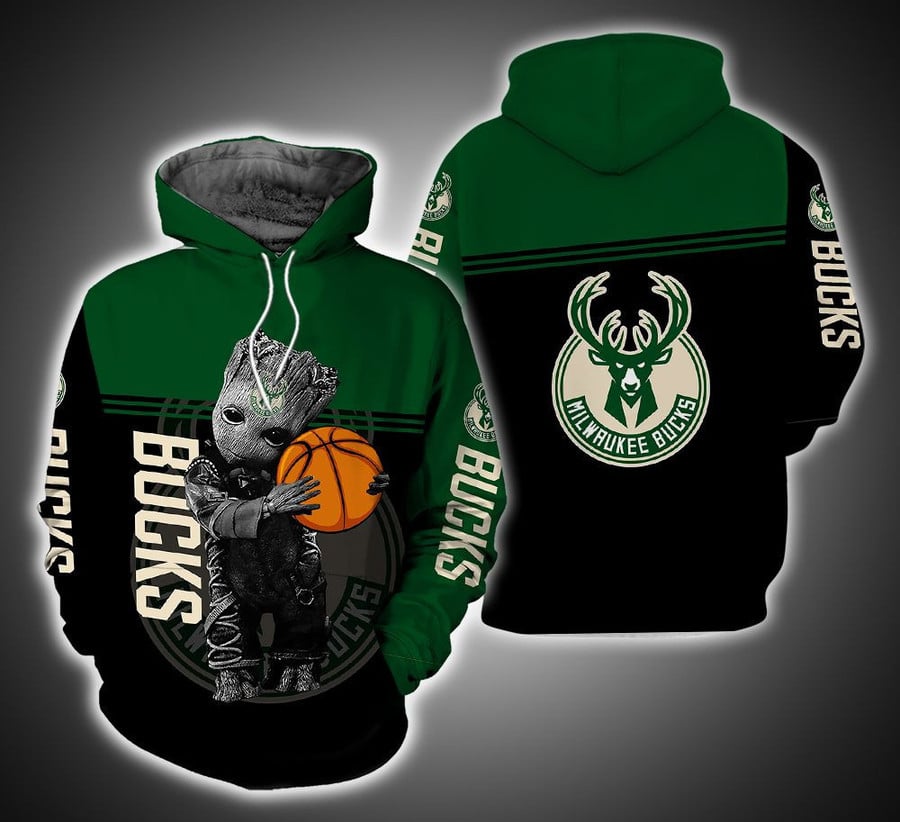 NBA Milwaukee Bucks Green Black Baby Groot Pullover Hoodie NBA Milwaukee Bucks Green Black Baby Groot Pullover Hoodie