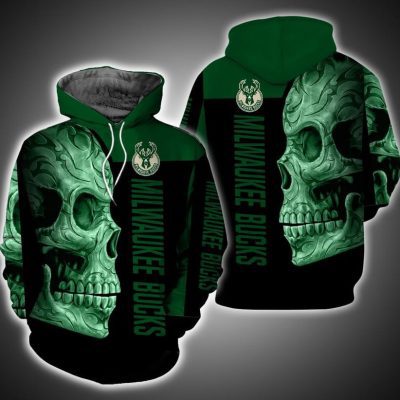 NBA Milwaukee Bucks Green Black Skull Pullover Hoodie