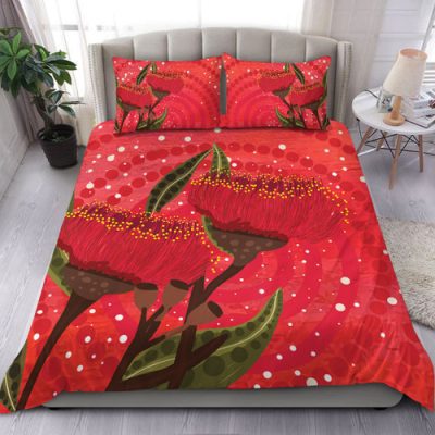 Australia Aboriginal Bedding Set - Red Aboriginal Art With Eucalyptus Flowers Bedding Set