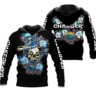 NFL Los Angeles Chargers Black Blue Skull Pullover Hoodie V11