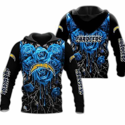 NFL Los Angeles Chargers Blue Rose Black Pullover Hoodie