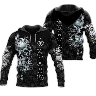NFL Las Vegas Raiders Silver Skull Black Pullover Hoodie V3