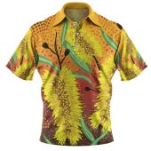 Australia Aboriginal Polo Shirt - Aboriginal Art Of Yellow Bottle Brush Plant Polo Shirt