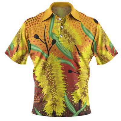 Australia Aboriginal Polo Shirt - Aboriginal Art Of Yellow Bottle Brush Plant Polo Shirt