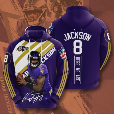 NFL Baltimore Ravens Lamar Jackson Purple Metallic Gold Stripes Pullover Hoodie