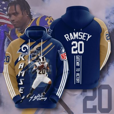 NFL Los Angeles Rams Jalen Ramsey Blue Gold Stripes Pullover Hoodie