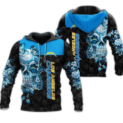 NFL Los Angeles Chargers Black Blue Skull Pullover Hoodie V9