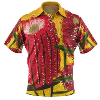 Australia Aboriginal Polo Shirt - Aboriginal Dot Art Of Australian Native Banksia Flower Polo Shirt