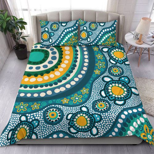 Australia Aboriginal Bedding Set - Turquoise Aboriginal Dot Art With Turtle Bedding Set Australia Aboriginal Bedding Set - Turquoise Aboriginal Dot Art With Turtle Bedding Set