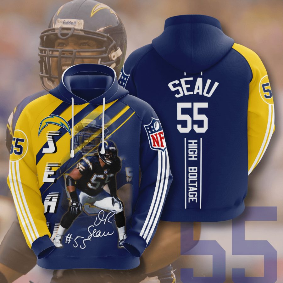 NFL Los Angeles Chargers Junior Seau Navy Blue Gold Stripes Pullover Hoodie NFL Los Angeles Chargers Junior Seau Navy Blue Gold Stripes Pullover Hoodie