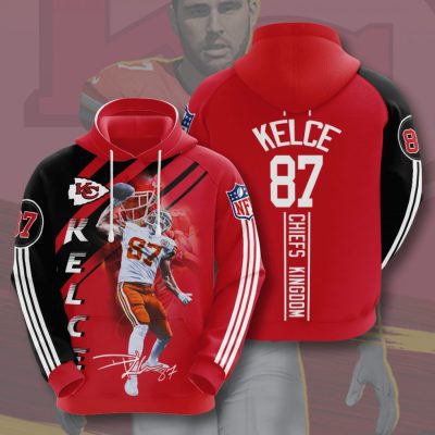 NFL Kansas City Chiefs Travis Kelce Red Black Stripes Pullover Hoodie