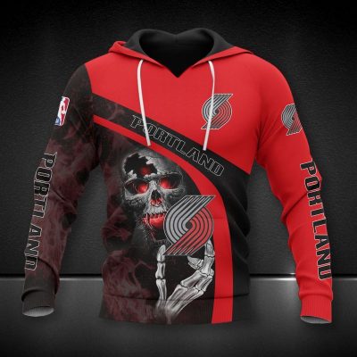 NBA Portland Trail Blazers Red Black Fire Skull Pullover Hoodie