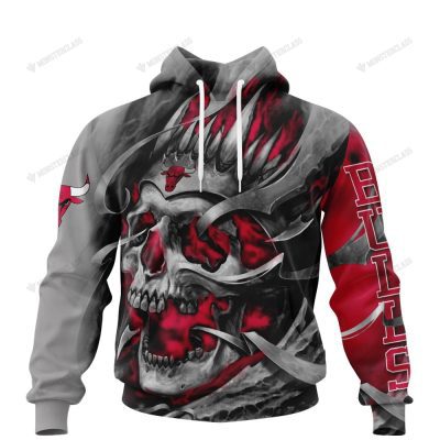 NBA Chicago Bulls Custom Name Number Red Grey Skull Pullover Hoodie