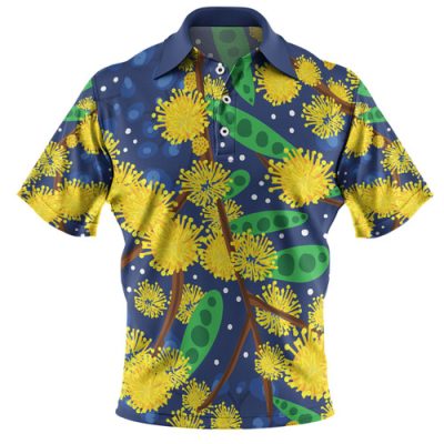 Australia Aboriginal Polo Shirt - Australian Yellow Wattle Flower Artwork Polo Shirt