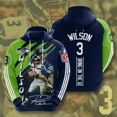 NFL Seattle Seahawks Russell Wilson Navy Green Stripes Pullover Hoodie