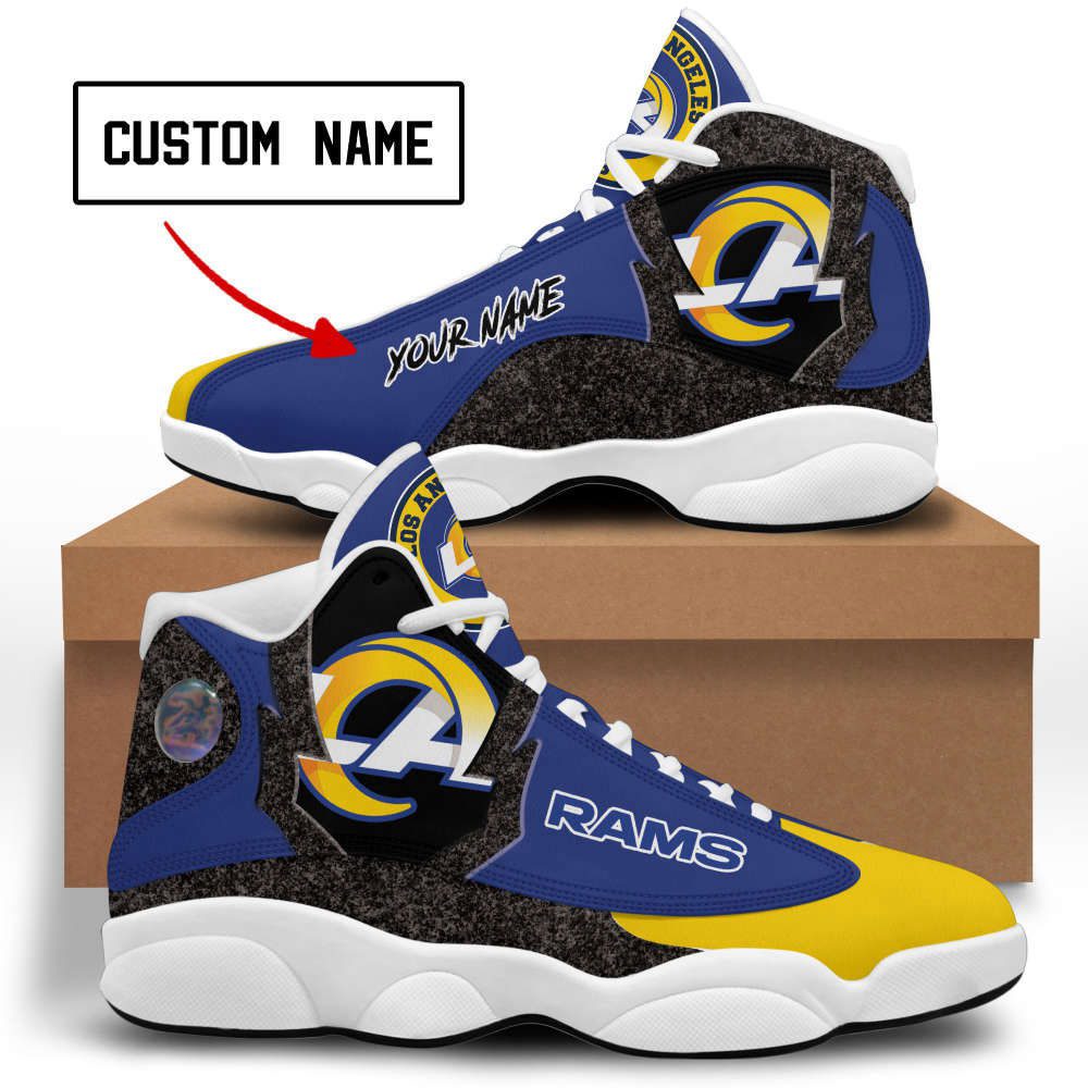NFL Los Angeles Rams Custom Name Blue Yellow Grey Air Jordan 13 Shoes, Best Gift For Men And Women NFL Los Angeles Rams Custom Name Blue Yellow Grey Air Jordan 13 Shoes, Best Gift For Men And Women