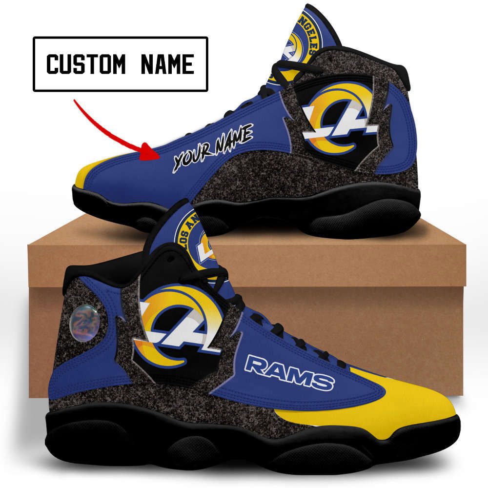 NFL Los Angeles Rams Custom Name Blue Yellow Grey Air Jordan 13 Shoes, Best Gift For Men And Women NFL Los Angeles Rams Custom Name Blue Yellow Grey Air Jordan 13 Shoes, Best Gift For Men And Women