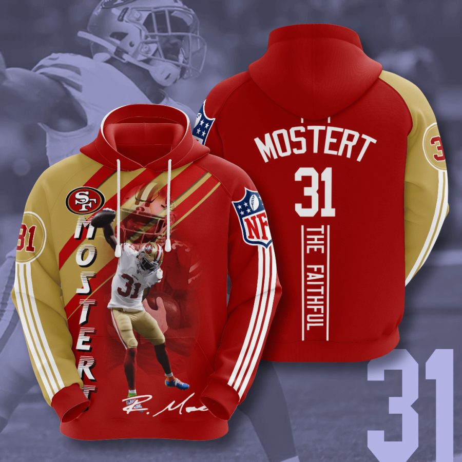 NFL San Francisco 49ers Raheem Mostert Red Gold Stripes Pullover Hoodie NFL San Francisco 49ers Raheem Mostert Red Gold Stripes Pullover Hoodie