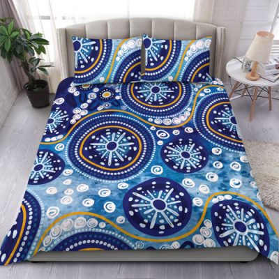 Australia Bedding Set Blue Background With Traditional Aboriginal Dot Decoration